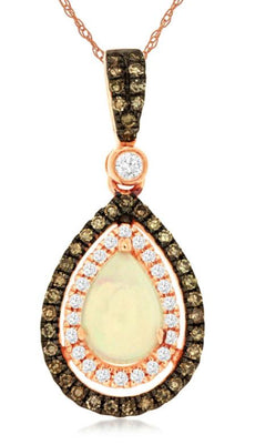 .68CT WHITE & MOCHA DIAMOND & AAA OPAL 14KT ROSE GOLD PEAR SHAPE & ROUND PENDANT