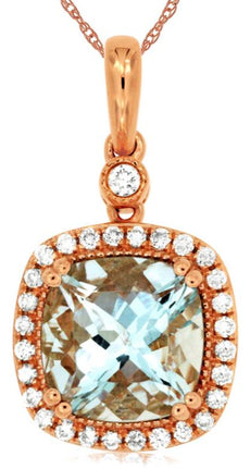 2.08CT DIAMOND & AAA AQUAMARINE 14KT ROSE GOLD 3D CUSHION & ROUND HALO PENDANT