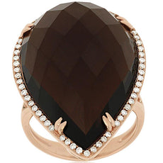 22.23CT DIAMOND & AAA SMOKY TOPAZ 14K ROSE GOLD PEAR SHAPE & ROUND HALO FUN RING