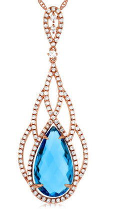 8.95CT DIAMOND & AAA BLUE TOPAZ 14KT ROSE GOLD 3D OPEN FILIGREE FLOATING PENDANT