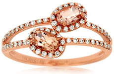 .63CT DIAMOND & AAA MORGANITE 14KT ROSE GOLD OVAL & ROUND DOUBLE FLOWER FUN RING