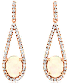 1.35CT DIAMOND & AAA OPAL 14KT ROSE GOLD OVAL & ROUND ELONGATED HANGING EARRINGS