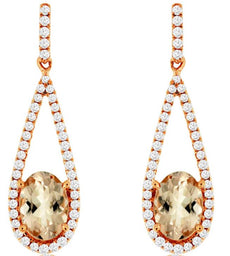 1.65CT DIAMOND & AAA MORGANITE 14KT ROSE GOLD 3D OVAL & ROUND ELONGATED EARRINGS