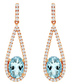 1.75CT DIAMOND & AAA AQUAMARINE 14KT ROSE GOLD OVAL & ROUND FUN HANGING EARRINGS