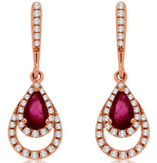 ESTATE .70CT DIAMOND & AAA RUBY 14K ROSE GOLD CLASSIC TEAR DROP HANGING EARRINGS