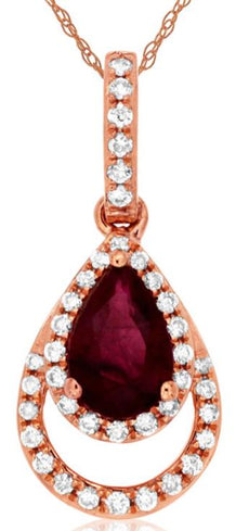 .58CT DIAMOND & AAA RUBY 14KT ROSE GOLD 3D PEAR SHAPE & ROUND FLOATING PENDANT