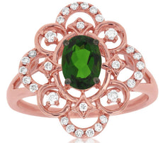 1.17CT DIAMOND & AAA GREEN GARNET 14KT ROSE GOLD OVAL OPEN FILIGREE FLOWER RING