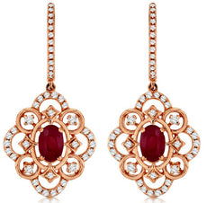 1.70CT DIAMOND & AAA RUBY 14KT ROSE GOLD 3D OVAL & ROUND FLOWER HANGING EARRINGS