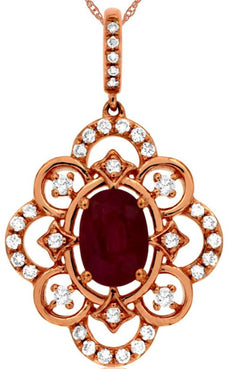 1.14CT DIAMOND & AAA RUBY 14KT ROSE GOLD 3D OVAL & ROUND FLOWER FLOATING PENDANT