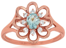 .43CT DIAMOND & AAA AQUAMARINE 14KT ROSE GOLD 3D OVAL & ROUND FLOWER LOVE RING