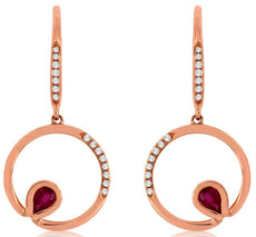 0.42CT DIAMOND & AAA RUBY 14KT ROSE GOLD 3D PEAR SHAPE & ROUND LEVERBACK EARRINGS