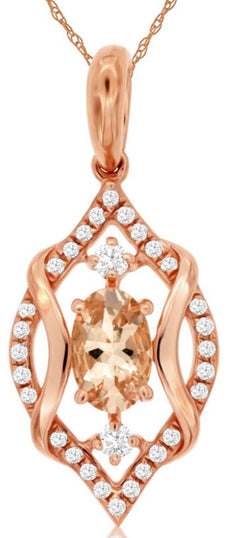 0.52CT DIAMOND & AAA MORGANITE 14KT ROSE GOLD OVAL & ROUND TEAR DROP FUN PENDANT
