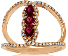 .72CT DIAMOND & AAA RUBY 14K ROSE GOLD PEAR SHAPE & ROUND 3 STONE LOVE KNOT RING