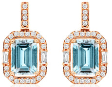 2.11CT DIAMOND & AAA AQUAMARINE 14KT ROSE GOLD 3D EMERALD CUT & ROUND EARRINGS