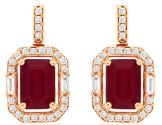 2.56CT DIAMOND & AAA RUBY 14KT ROSE GOLD 3D EMERALD CUT & ROUND HANGING EARRINGS