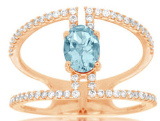 1.03CT DIAMOND & AAA AQUAMARINE 14KT ROSE GOLD OVAL & ROUND DOUBLE BAR FUN RING