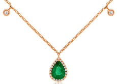 0.80CT DIAMOND & AAA EMERALD 14KT ROSE GOLD 3D PEAR SHAPE & ROUND LOVE NECKLACE