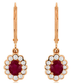 1.13CT DIAMOND & AAA RUBY 14KT ROSE GOLD OVAL FLOWER LEVERBACK HANGING EARRINGS
