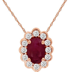 .71CT DIAMOND & AAA RUBY 14K ROSE GOLD OVAL & ROUND HALO FLOWER FLOATING PENDANT
