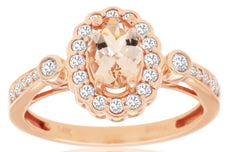 1CT DIAMOND & MORGANITE 14KT ROSE GOLD OVAL & ROUND FLOWER HALO ENGAGEMENT RING