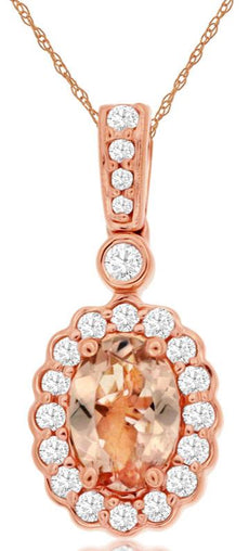 0.92CT DIAMOND & AAA MORGANITE 14K ROSE GOLD OVAL & ROUND FLOWER FLOATING PENDANT
