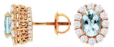 2.35CT DIAMOND & AAA AQUAMARINE 14KT ROSE GOLD OVAL & ROUND SCREWBACK EARRINGS