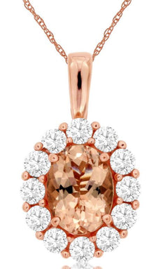 1.75CT DIAMOND & AAA MORGANITE 14KT ROSE GOLD OVAL HALO FLOWER FLOATING PENDANT