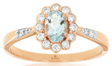 .64CT DIAMOND & AAA AQUAMARINE 14K ROSE GOLD OVAL & ROUND FLOWER ENGAGEMENT RING