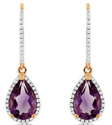 2.32CT DIAMOND & AAA AMETHYST 14KT ROSE GOLD CLIP ON LEVERBACK HANGING EARRINGS