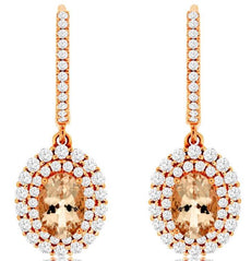 2.17CT DIAMOND & AAA MORGANITE 14KT ROSE GOLD 3D OVAL & ROUND HANGING EARRINGS