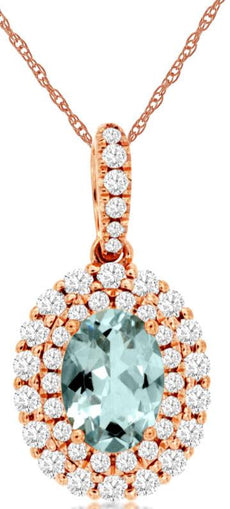 1.05CT DIAMOND & AAA AQUAMARINE 14KT ROSE GOLD 3D OVAL & ROUND FLOATING PENDANT