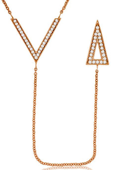 0.23CT DIAMOND 14KT ROSE GOLD 3D ROUND TRIANGULAR V SHAPE LARIAT LOVE NECKLACE