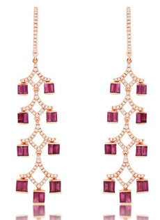 2.4CT DIAMOND & AAA RUBY 14KT ROSE GOLD ROUND & BAGUETTE TRIANGULAR FUN EARRINGS