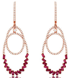 1.80CT DIAMOND & AAA RUBY 14KT ROSE GOLD 3D ROUND & BAGUETTE CHANDELIER EARRINGS