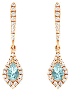 0.52CT DIAMOND & AAA AQUAMARINE 14K ROSE GOLD PEAR SHAPE & ROUND HANGING EARRINGS