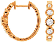 ESTATE .52CT DIAMOND 14KT ROSE GOLD 3D ROUND BEZEL HUGGIE HOOP HANGING EARRINGS