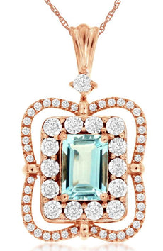 1.12CT DIAMOND & AAA AQUAMARINE 14KT ROSE GOLD 3D 4 LEAF CLOVER FLOATING PENDANT