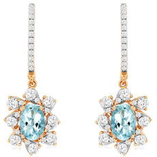 1.46CT DIAMOND & AAA AQUAMARINE 14KT ROSE GOLD OVAL & ROUND LEVERBACK EARRINGS