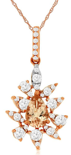 0.70CT DIAMOND & AAA MORGANITE 14KT ROSE GOLD PEAR SHAPE & ROUND FLOATING PENDANT
