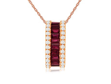 1.1CT DIAMOND & AAA RUBY 14KT ROSE GOLD BAGUETTE & ROUND 3 ROW FLOATING PENDANT