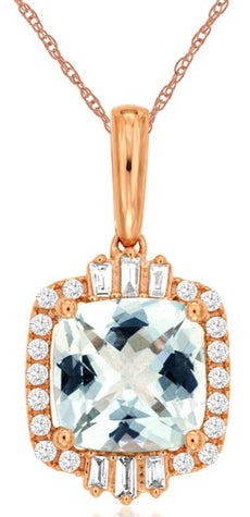 2.08CT DIAMOND & AAA AQUAMARINE 14KT ROSE GOLD ROUND & BAGUETTE FLOATING PENDANT