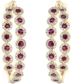 2.02CT DIAMOND & AAA RUBY 14KT YELLOW GOLD 3D MULTI FLOWER HOOP HANGING EARRINGS