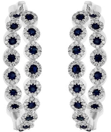 1.92CT DIAMOND & AAA SAPPHIRE 14KT WHITE GOLD MULTI FLOWER HOOP HANGING EARRINGS
