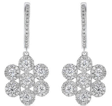 LARGE 1.05CT DIAMOND 14KT WHITE GOLD 3D MULTI FLOWER LEVERBACK HANGING EARRINGS