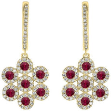 1.02CT DIAMOND & AAA RUBY 14KT YELLOW GOLD FLOWER LEVERBACK HANGING EARRINGS