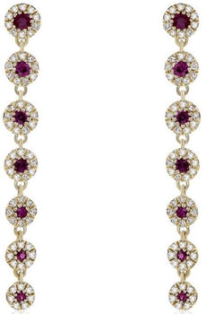 .74CT DIAMOND & AAA RUBY 14KT YELLOW GOLD MULTI FLOWER JOURNEY HANGING EARRINGS