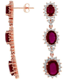 8.40CT DIAMOND & AAA RUBY 14KT ROSE GOLD 3D OVAL & ROUND FLOWER HANGING EARRINGS