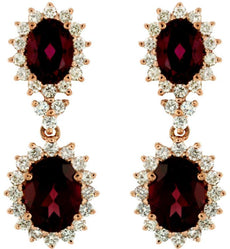 6.5CT DIAMOND & AAA RHODOLITE 14K ROSE GOLD OVAL & ROUND FLOWER HANGING EARRINGS
