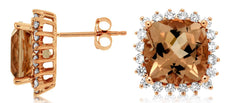 7.90CT DIAMOND & AAA MORGANITE 14KT ROSE GOLD CUSHION & ROUND HALO STUD EARRINGS
