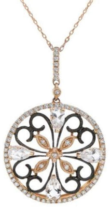 1.24CT DIAMOND & AAA WHITE TOPAZ 14KT ROSE GOLD 3D HEART FLOWER FILIGREE PENDANT